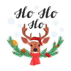 ho ho ho. lettering with deer and fir branches