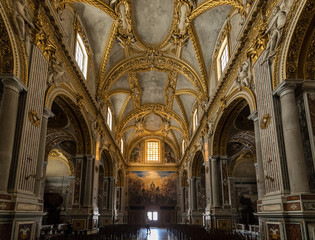 Main nave  Inside the Basilica Cathedral at Monte Cassino Abbey. Italy - obrazy, fototapety, plakaty