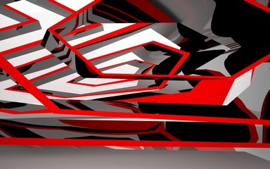 Abstract white interior of the future, with glossy black and red sculpture. 3D illustration and rendering