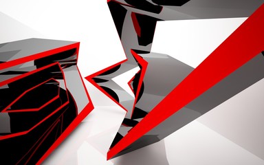 Abstract white interior of the future, with glossy black and red sculpture. 3D illustration and rendering