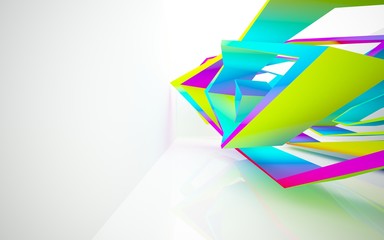 Abstract dynamic interior with gradient colored objects. 3D illustration and rendering
