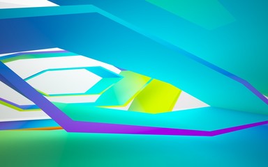 Abstract dynamic interior with gradient colored objects. 3D illustration and rendering