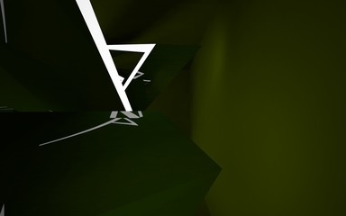 Abstract interior of the future in a minimalist style with green sculpture and water. Night view . Architectural background. 3D illustration and rendering