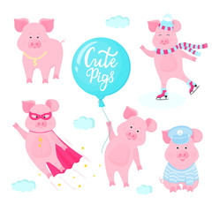 Set of pigs cartoon characters. Piglet flies in a balloon. Boar superhero. Piggy sailor. Piglet skating.