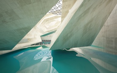 Abstract interior  concrete with blue water. Architectural background. 3D illustration and rendering 