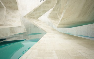 Abstract interior  concrete with blue water. Architectural background. 3D illustration and rendering 