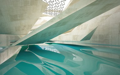 Abstract interior  concrete with blue water. Architectural background. 3D illustration and rendering 