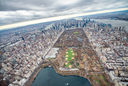 Aerial view of Central Park and New York City from helicopter