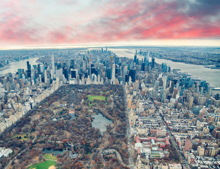 Aerial view of Manhattan. Central Park, city skyscrapers with Hudson and East River in winter season