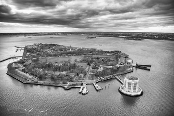 Overhead aerial view of Governors Island from helicopter, New York City in winter
