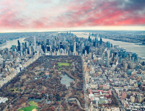 Aerial View Of Manhattan. Central Park, City Skyscrapers With Hudson And East River In Winter Season