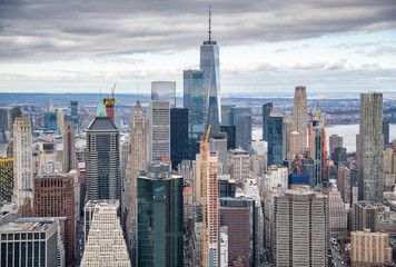 Fototapeta na wymiar Helicopter view of Downtown Manhattan skyscrapers, New York City