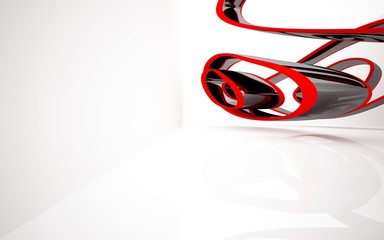 Abstract dynamic white interior with black and red smooth objects. 3D illustration and rendering