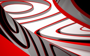 Abstract dynamic white interior with black and red smooth objects. 3D illustration and rendering