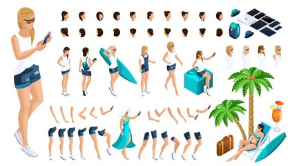 Isometric Set of gestures of hands and feet of the girl 3D teenager, rest, girl in jeans and a vest. Create your character for vector illustrations
