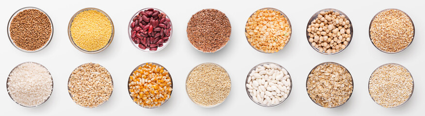 Collection of various grains in bowls isolated on white