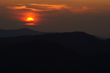 Fototapeta premium Sun over the mountains. Bieszczady National Park. Poland. Polonina Wetlinska, Polonina Carynska,Tarnica