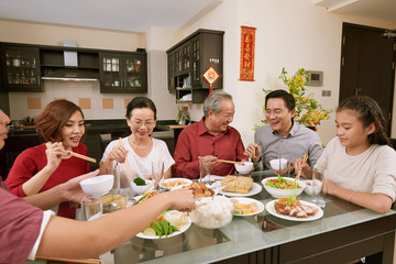 Group of cheerful Asian people enjoying good food at table served for Tet, couplets with best...