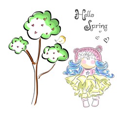 Cute girl under tree with bird. Hello spring illustration.