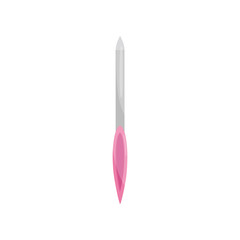 Nail file with pink handle. Manicure tool used for smoothing and shaping fingernails. Beauty theme. Flat vector icon