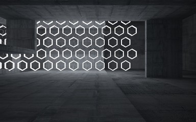 Empty dark abstract concrete room interior. Architectural background. Night view of the illuminated. 3D illustration and rendering