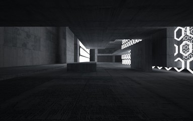 Empty dark abstract concrete room interior. Architectural background. Night view of the illuminated. 3D illustration and rendering