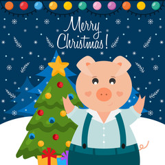 Cute pig with Christmas tree and present.Winter landscape on the back, falling snow. Cute vector illustration.