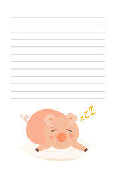 Lined page for notes.Pig laying on the pillow, sleepy.Cute childish vector illustration. .