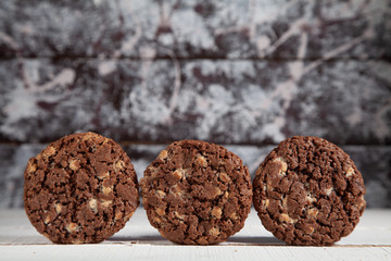  Homemade sweet crunchy chocolate chip cookies with nuts.
