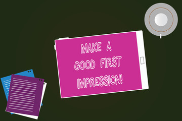 Conceptual hand writing showing Make A Good First Impression. Business photo text Introduce yourself in a great look and mood Tablet Screen Cup Saucer and Filler Sheets on Color Background