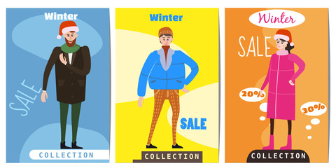 Set of winter sale cards with the characters of people, men and women in winter clothes, the trend of retro flet kartun style vector, illustration, isolated, banner, template © hadeev