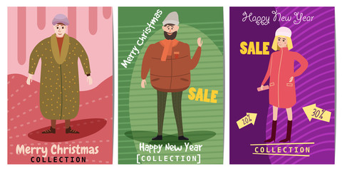 Set of winter sale cards with the characters of people, men and women of different ages in winter clothes, the trend of retro flet kartun style vector, illustration, isolated, banner, template © hadeev
