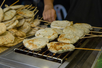 Many preserved pork sausage Skewers ( focus selective)