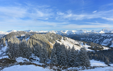 Snow-covered alpine landscape in the the Allgaeu Alps at the Riedbergpass at a beautiful winter day. Forest and hills in the foreground, rocky mountains in the background. Bavaria, Germany