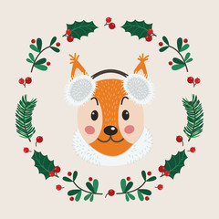The face of cute squirrel with a wreath of leaves and twigs