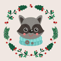 The face of cute raccoon with a wreath of leaves and twigs