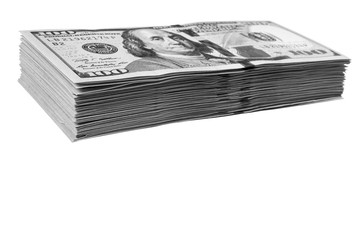 Stack of one hundred dollar bills isolated on white background. Stack of cash money in hundred dollar banknotes. Heap of hundred dollar bills background. Concept of financial success.