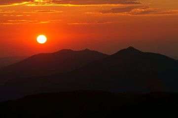 Sun over the mountains. Bieszczady National Park. Poland. Polonina Wetlinska, Polonina Carynska,Tarnica