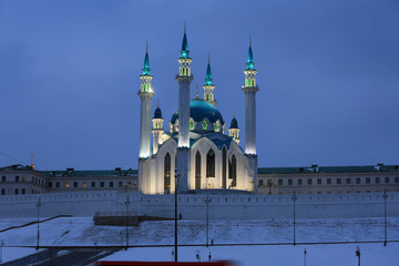 Kazan, Russia, December 5, 2018. Beautiful view of the Kul Sharif Mosque and the Kazan Kremlin in winter