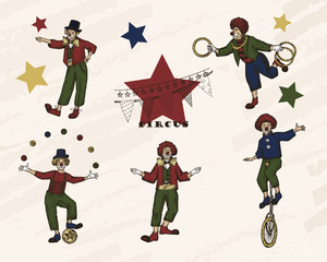 Retro circus performance . Sketch stile vector illustration. Hand drawn imitation. Clowns set. Vector objects.