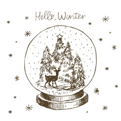Winter snow globe with Christmas tree, deer and snow inside. Cute hand drawn vector black and white hand drawn line