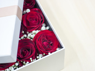 Romantic red roses, close up of box with red roses, Preserved roses in a box.