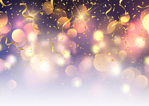 Confetti and streamers on bokeh lights background