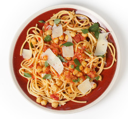 Spaghetti and chickpeas from above