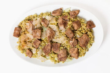 Beef with frikeh serving bowl from above