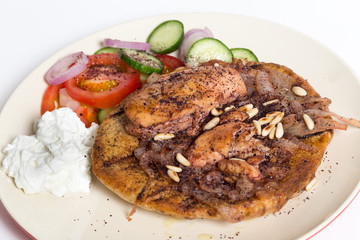 Musakhan Palestinian chicken with salad and yoghurt
