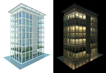 Seven floor modern building with large windows. Day and night view. 3d illustration, isolate