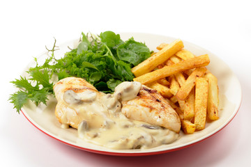 Chicken with mushroom sauce and salad side view