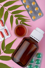 Medicine composition. Pharmacy concept background. Flat lay, top view of festive still life and health