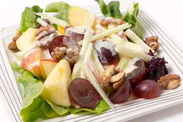 Waldorf salad over white closeup